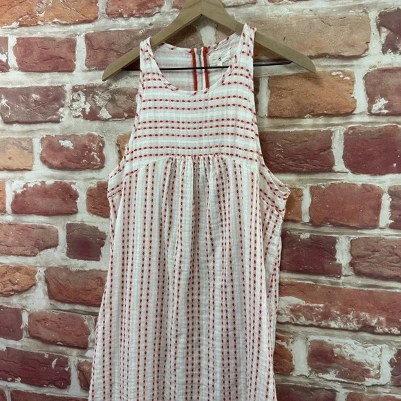 Lou & Grey Dress Womens Large White Red Diamond Striped Embroidered Gauzy Zip Up - Picture 4 of 8